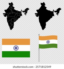 Set of maps, flag and flagpole of India. Vector illustration.