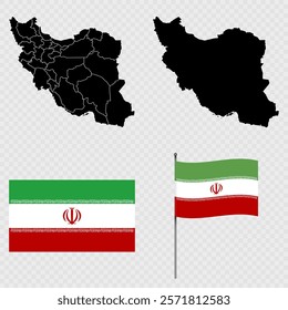Set of maps, flag and flagpole of Iran. Vector illustration.