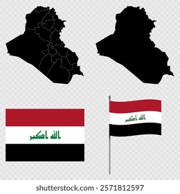 Set of maps, flag and flagpole of Iraq. Vector illustration.