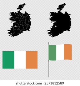 Set of maps, flag and flagpole of Ireland. Vector illustration.