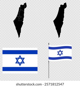 Set of maps, flag and flagpole of Israel. Vector illustration.