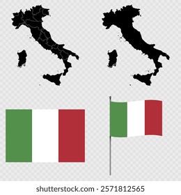 Set of maps, flag and flagpole of Italy. Vector illustration.