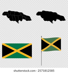 Set of maps, flag and flagpole of Jamaica. Vector illustration.