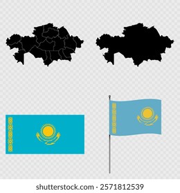 Set of maps, flag and flagpole of Kazakhstan. Vector illustration.