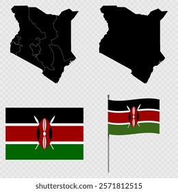 Set of maps, flag and flagpole of Kenya. Vector illustration.