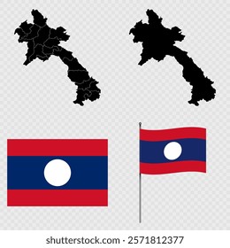 Set of maps, flag and flagpole of Laos. Vector illustration.