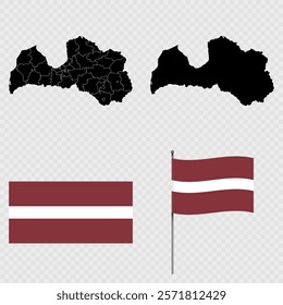 Set of maps, flag and flagpole of Latvia. Vector illustration.