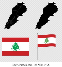 Set of maps, flag and flagpole of Lebanon. Vector illustration.