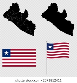 Set of maps, flag and flagpole of Liberia. Vector illustration.
