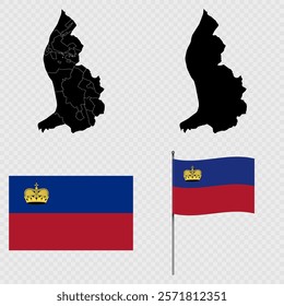 Set of maps, flag and flagpole of Liechtenstein. Vector illustration.