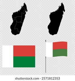 Set of maps, flag and flagpole of Madagascar. Vector illustration.