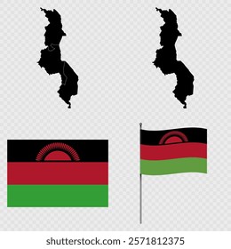 Set of maps, flag and flagpole of Malawi. Vector illustration.