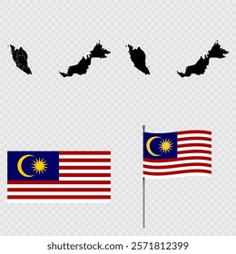Set of maps, flag and flagpole of Malaysia. Vector illustration.