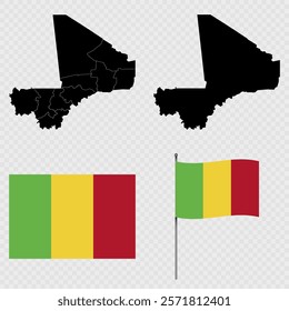 Set of maps, flag and flagpole of Mali. Vector illustration.
