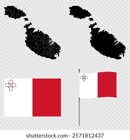 Set of maps, flag and flagpole of Malta. Vector illustration.