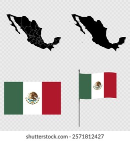 Set of maps, flag and flagpole of Mexico. Vector illustration.