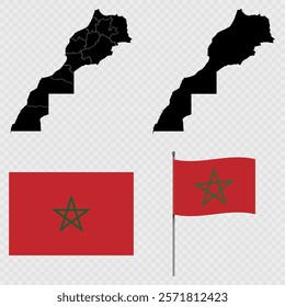 Set of maps, flag and flagpole of Morocco. Vector illustration.