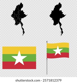 Set of maps, flag and flagpole of Myanmar. Vector illustration.
