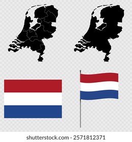 Set of maps, flag and flagpole of Netherlands. Vector illustration.