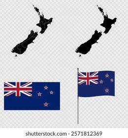 Set of maps, flag and flagpole of New Zealand. Vector illustration.