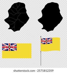 Set of maps, flag and flagpole of Niue. Vector illustration.