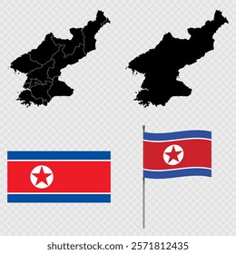 Set of maps, flag and flagpole of North Korea. Vector illustration.