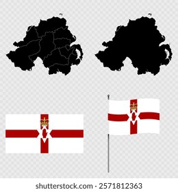 Set of maps, flag and flagpole of Northern Ireland. Vector illustration.