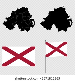 Set of maps, flag and flagpole of Northern Ireland. Vector illustration.