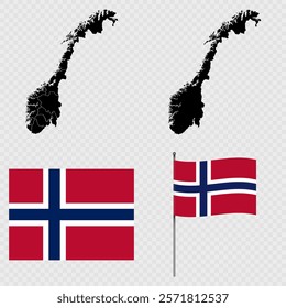 Set of maps, flag and flagpole of Norway. Vector illustration.