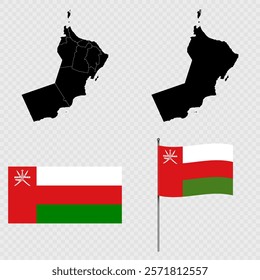 Set of maps, flag and flagpole of Oman. Vector illustration.