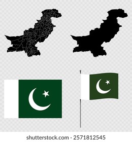 Set of maps, flag and flagpole of Pakistan. Vector illustration.