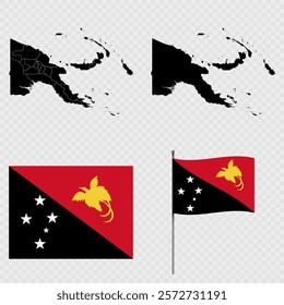 Set of maps, flag and flagpole of Papua New Guinea. Vector illustration.