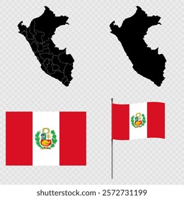 Set of maps, flag and flagpole of Peru. Vector illustration.