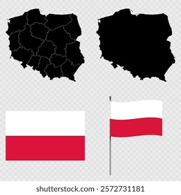 Set of maps, flag and flagpole of Poland. Vector illustration.