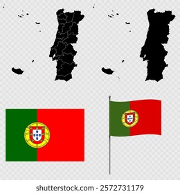 Set of maps, flag and flagpole of Portugal. Vector illustration.