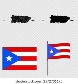 Set of maps, flag and flagpole of Puerto Rico. Vector illustration.