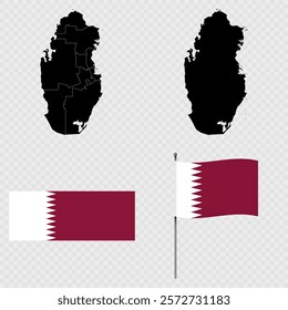Set of maps, flag and flagpole of Qatar. Vector illustration.