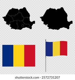 Set of maps, flag and flagpole of Romania. Vector illustration.