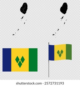 Set of maps, flag and flagpole of Saint Vincent and the Grenadines. Vector illustration.