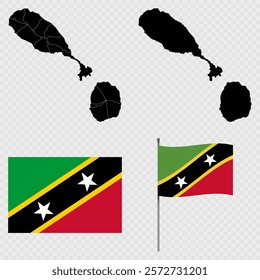 Set of maps, flag and flagpole of Saint Kitts and Nevis. Vector illustration.