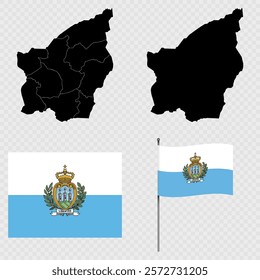 Set of maps, flag and flagpole of San Marino. Vector illustration.