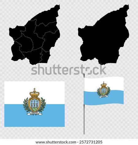 Set of maps, flag and flagpole of San Marino. Vector illustration.