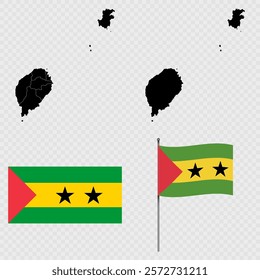 Set of maps, flag and flagpole of Sao Tome and Principe. Vector illustration.