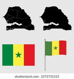 Set of maps, flag and flagpole of Senegal. Vector illustration.