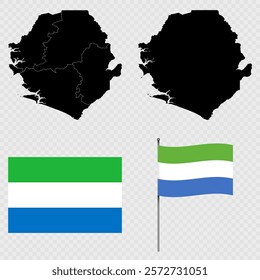 Set of maps, flag and flagpole of Sierra Leone Vector illustration.