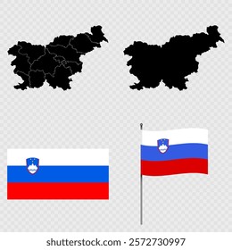 Set of maps, flag and flagpole of Slovenia. Vector illustration.