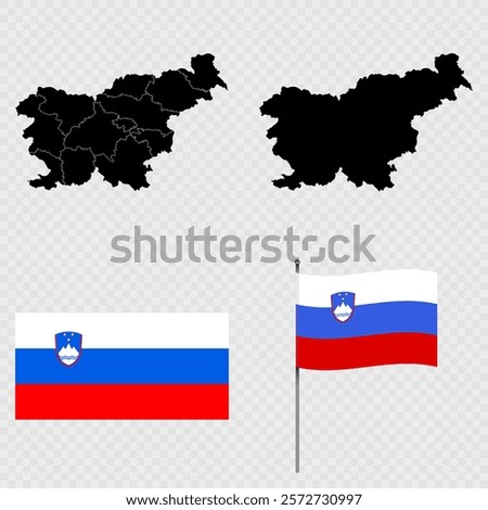 Set of maps, flag and flagpole of Slovenia. Vector illustration.