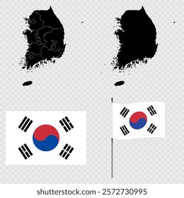 Set of maps, flag and flagpole of South Korea. Vector illustration.