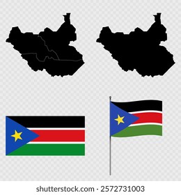 Set of maps, flag and flagpole of South Sudan. Vector illustration.