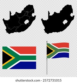 Set of maps, flag and flagpole of South Africa. Vector illustration.